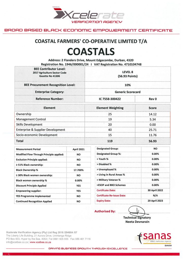 B-BBEE Certificate - Coastals Expiry 29.04
